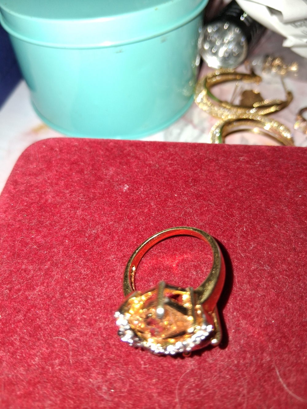 Source Unknown Gold-Tone Ring with Amber Center and Clear Accents